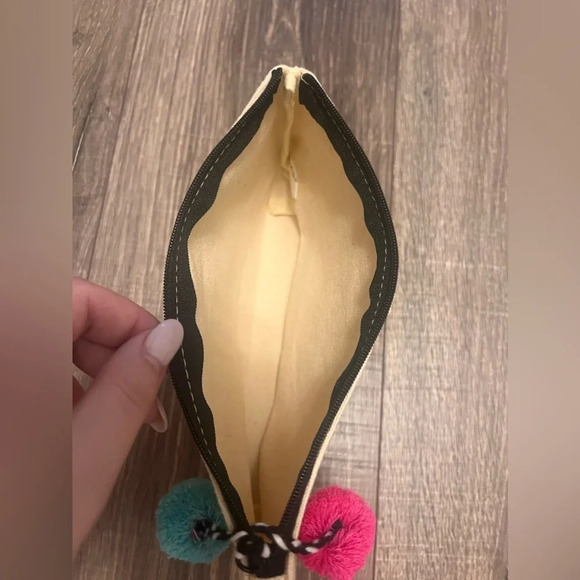 Macys Canvas Make Up Print Cosmetic Pouch Case With Pom Poms - Picture 3 of 4